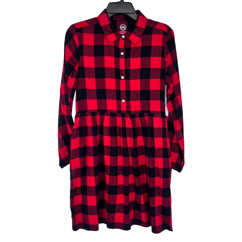 Buffalo Plaid Flannel Shirt Dress Girls XL 14-16 Red Black Buffalo Plaid Holiday